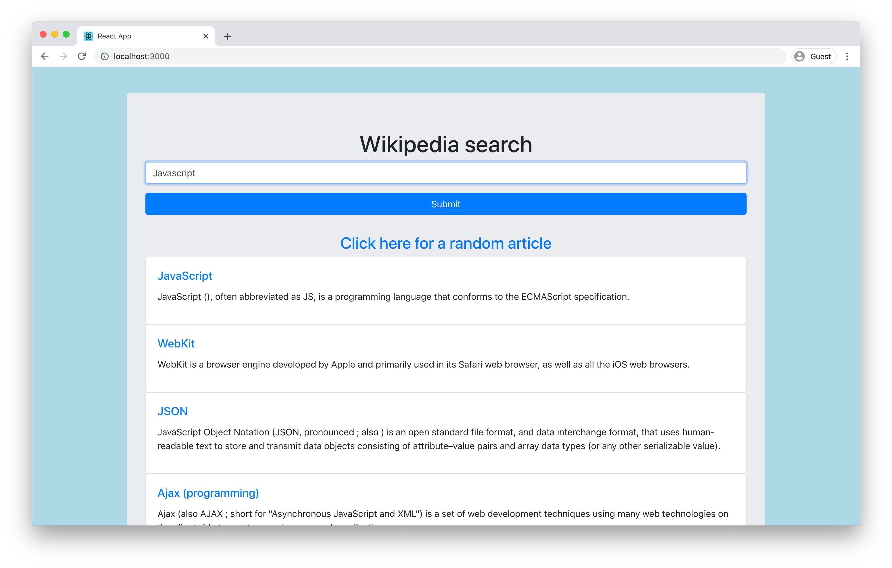 Wikipedia Search Application Screenshot